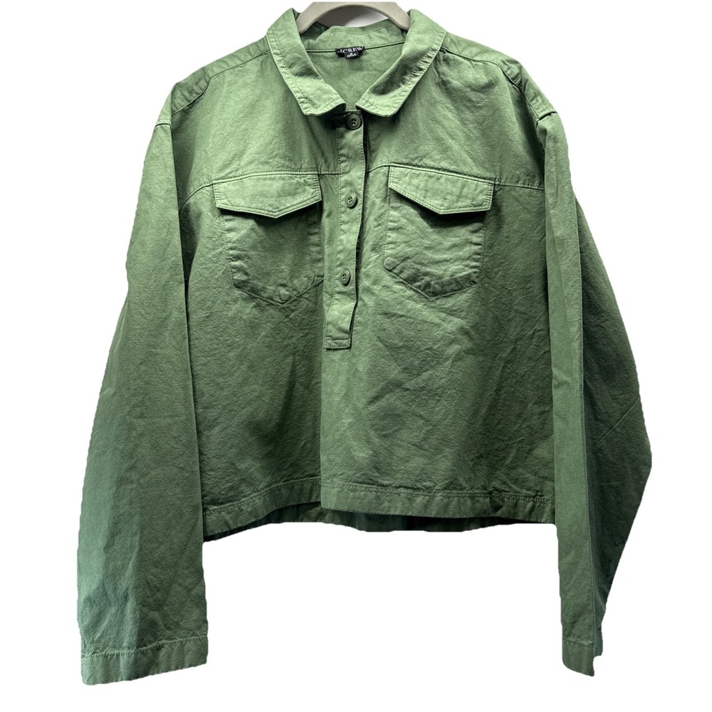 J Crew Women's Top Size Medium Solid Green Long Sleeve Pockets Pleated Relaxed